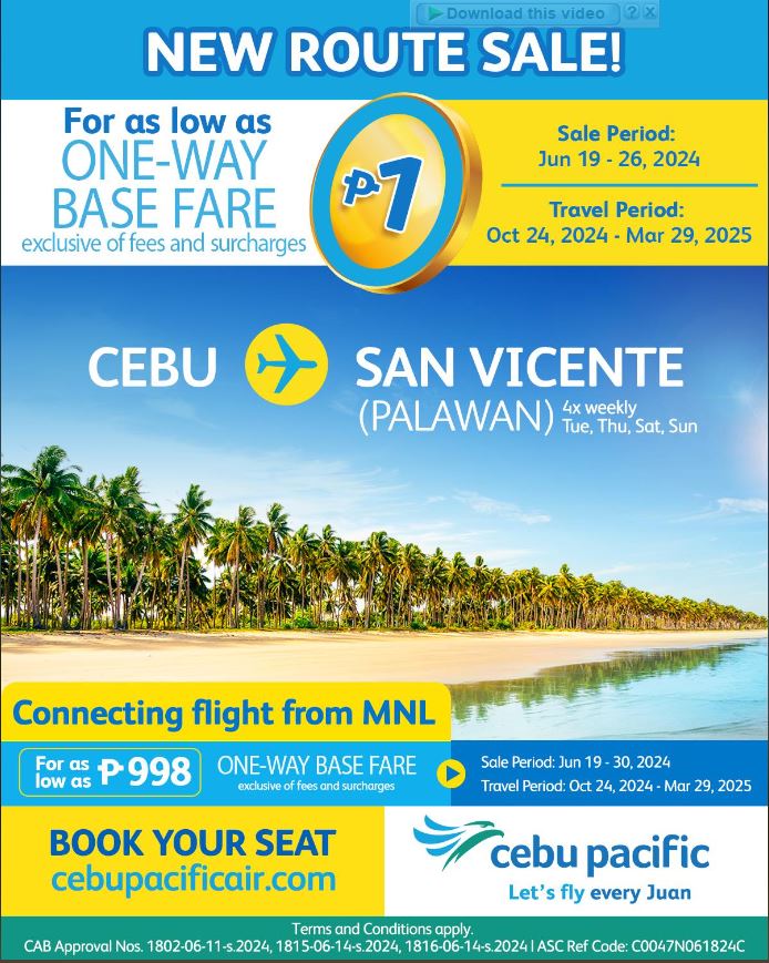 Cebu Pacific Launches Cebu-San Vicente Flights with Seat Sale